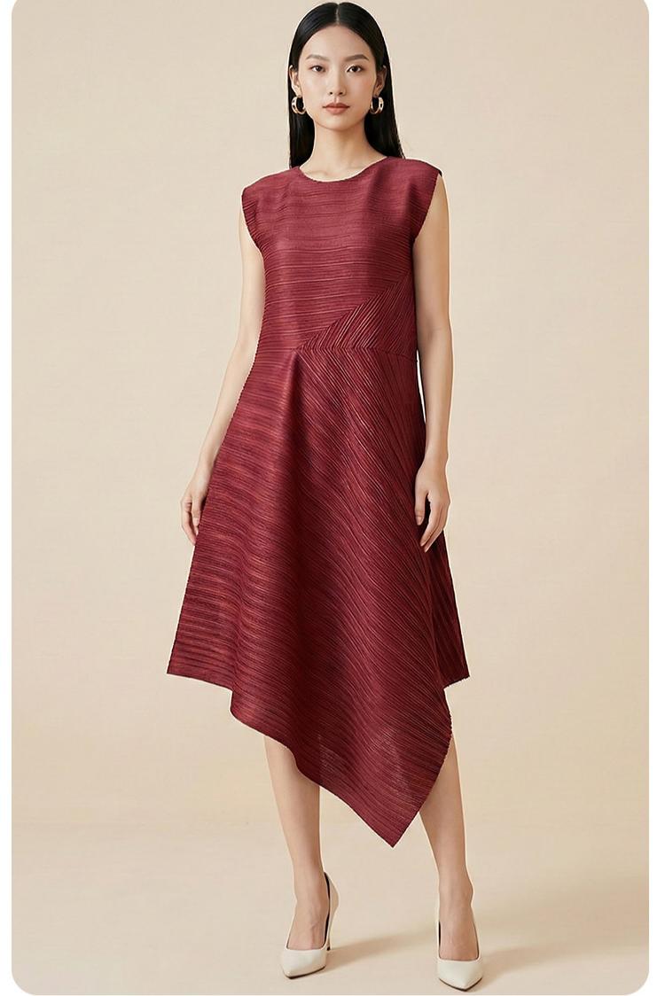 Burgundy Sleeveless Pleated Asymmetrical Midi Dress