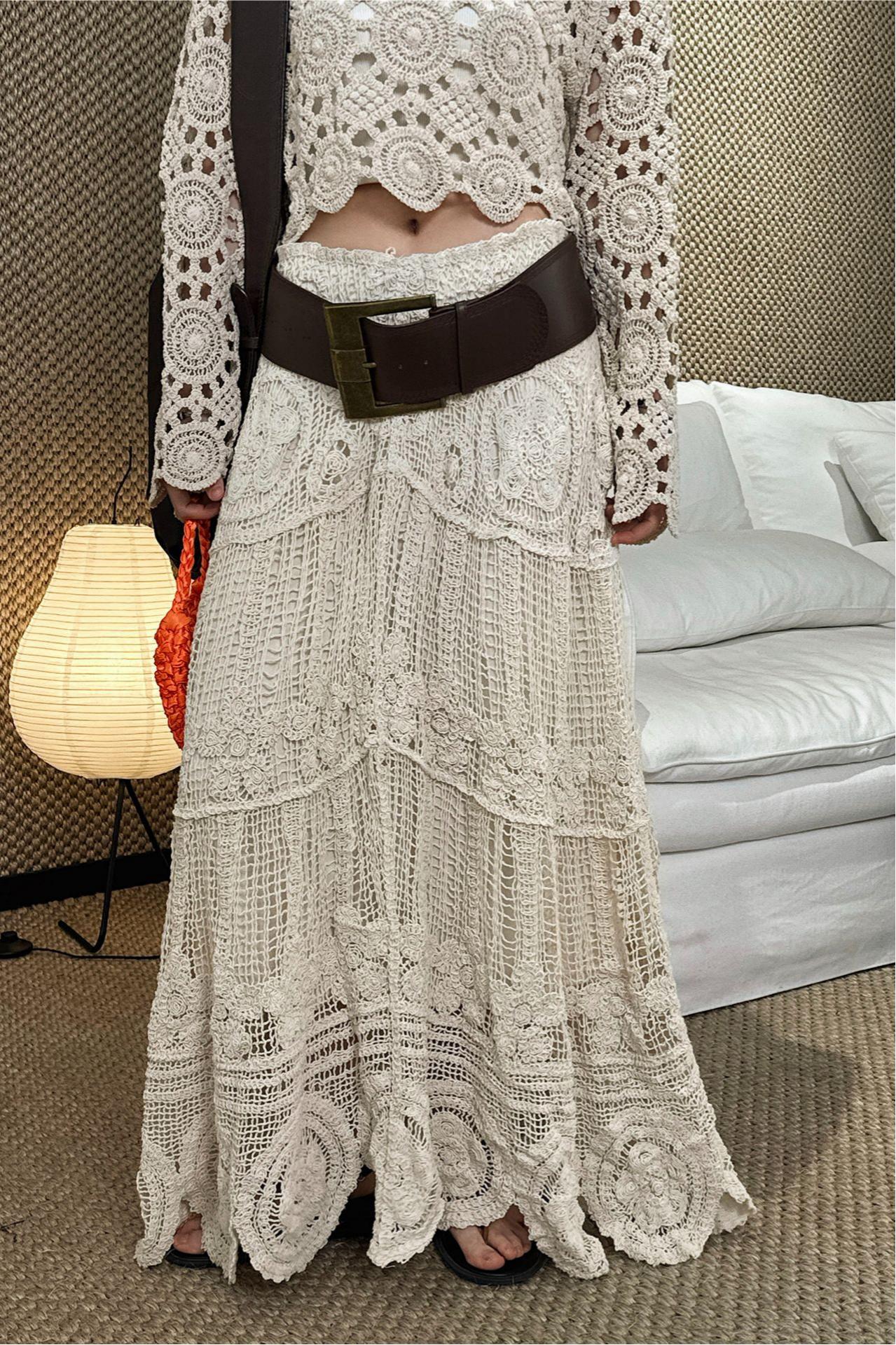 Rare Boho Crochet Openwork Knit Maxi Skirt