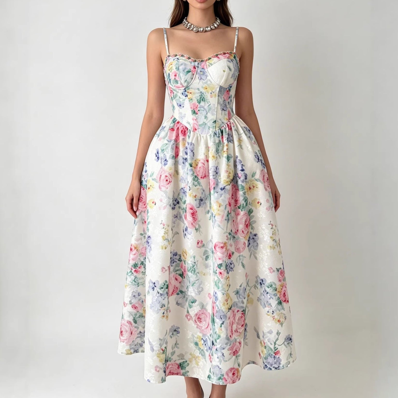 Floral Corset Bustier Midi Dress