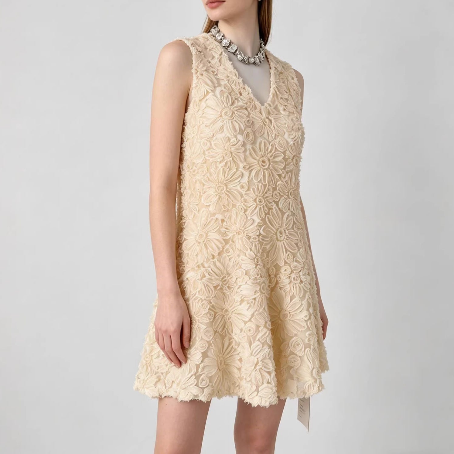 3D Floral Applique Beige Sleeveless Mini Dress