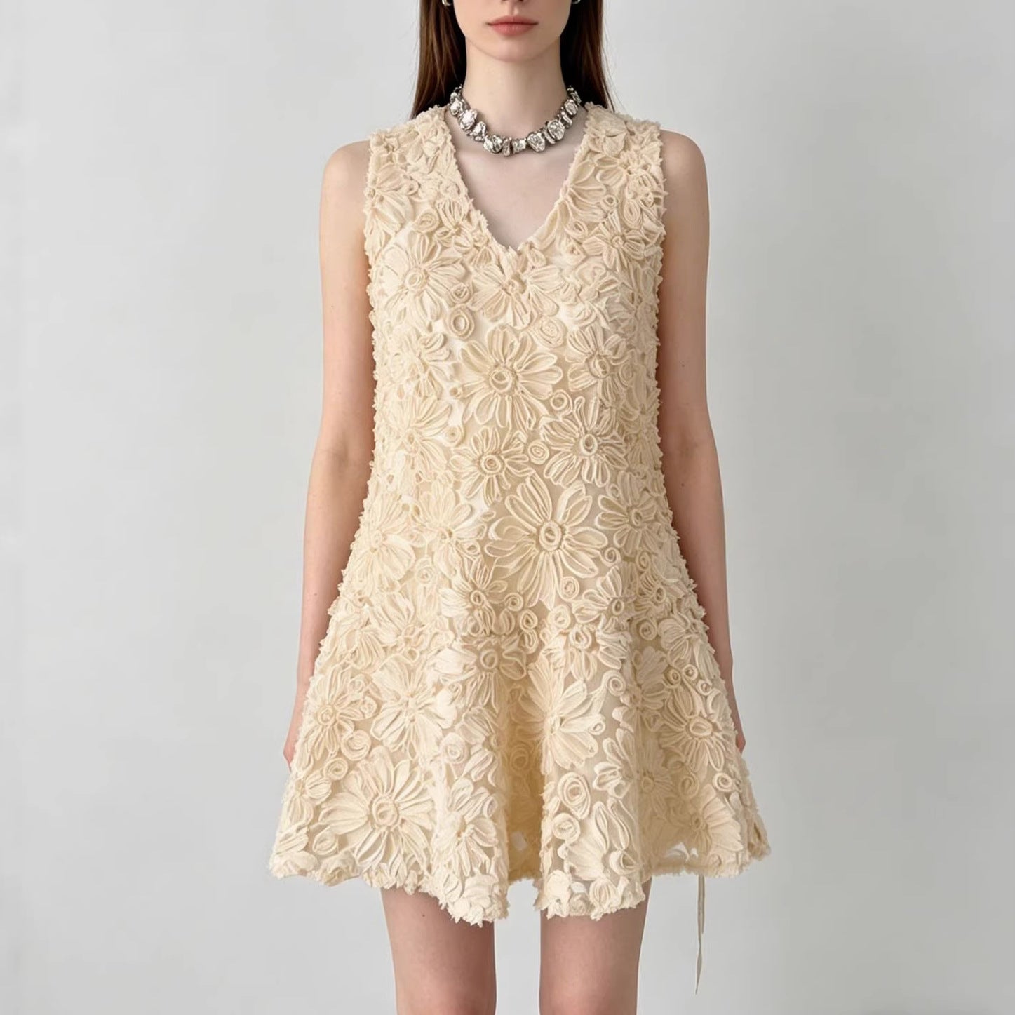 3D Floral Applique Beige Sleeveless Mini Dress