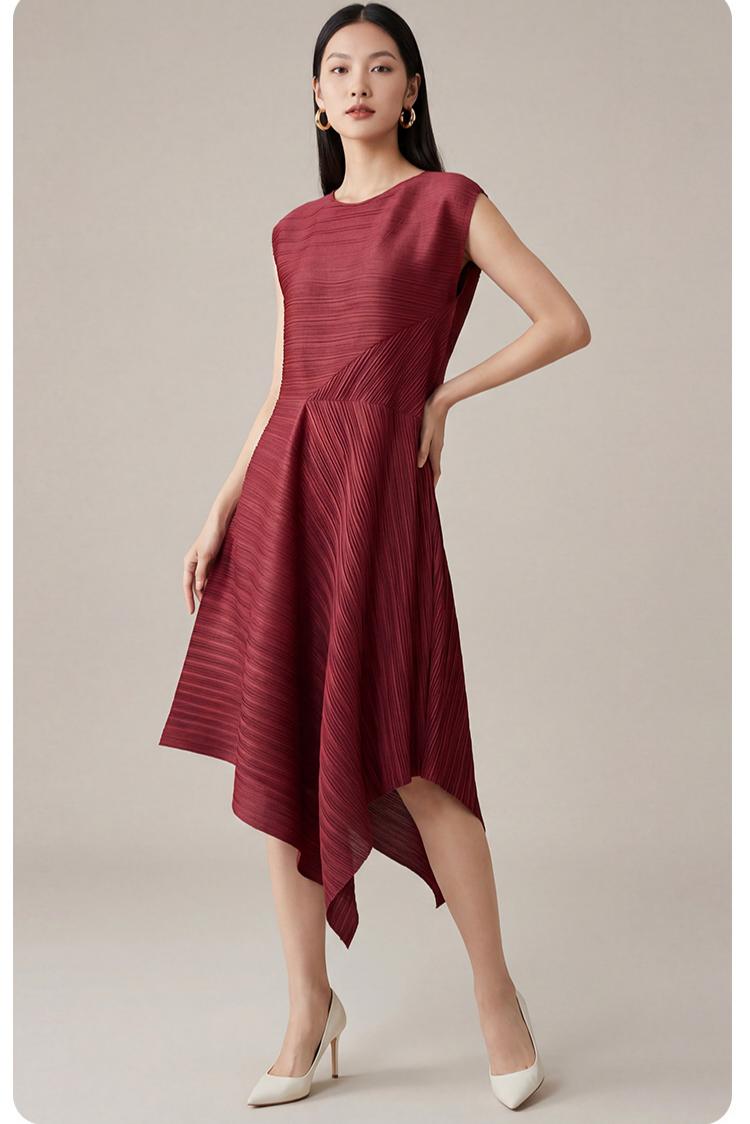 Burgundy Sleeveless Pleated Asymmetrical Midi Dress