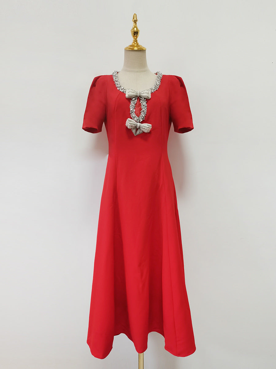 Red Bow Crystal Neck Midi Dress