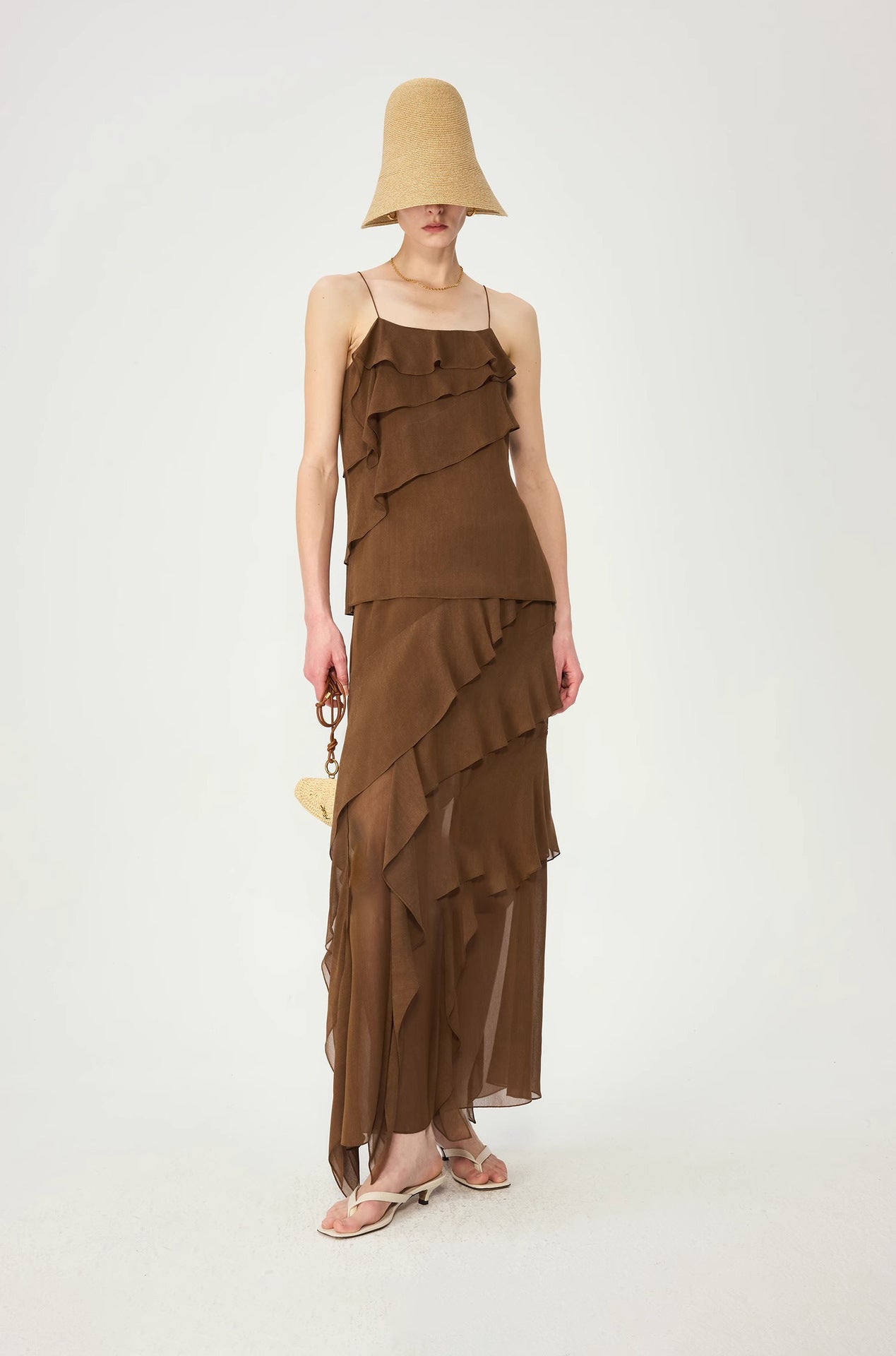 Royale bias-cut brown slip dress with flounce hem