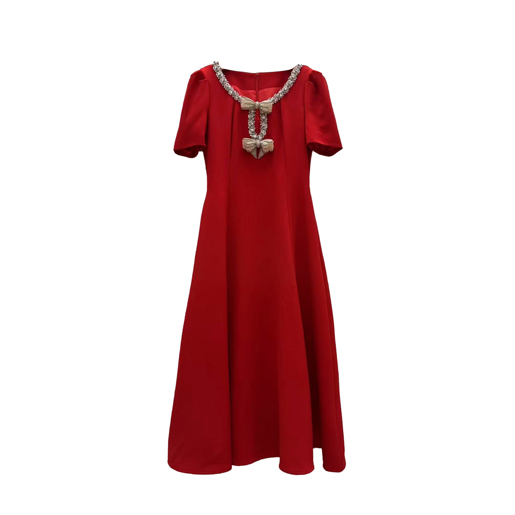 Red Bow Crystal Neck Midi Dress