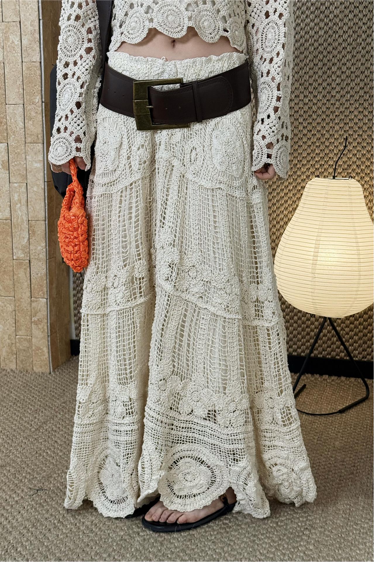 Rare Boho Crochet Openwork Knit Maxi Skirt