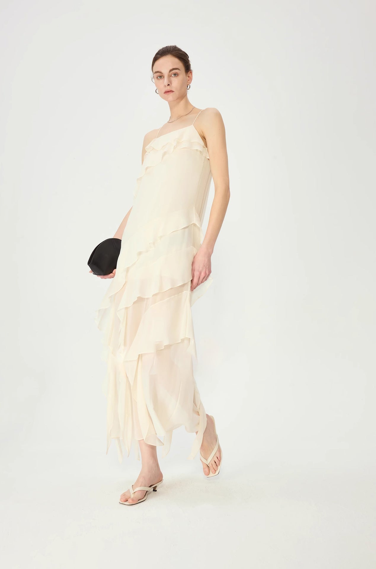 Royale bias-cut white slip dress with flounce hem