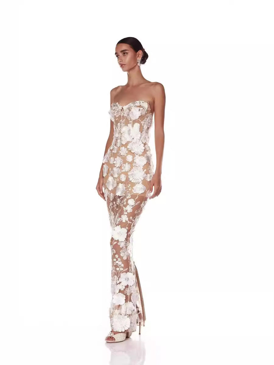 3D floral strapless dress