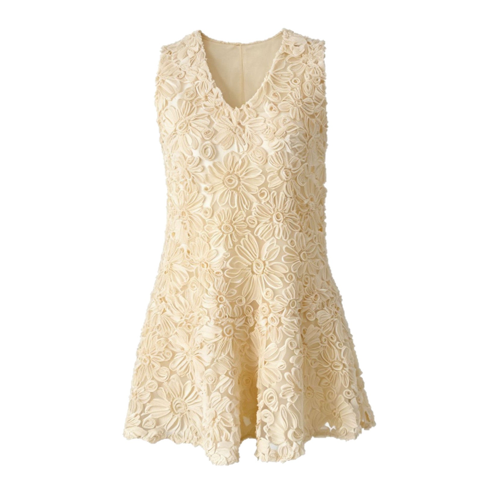 3D Floral Applique Beige Sleeveless Mini Dress