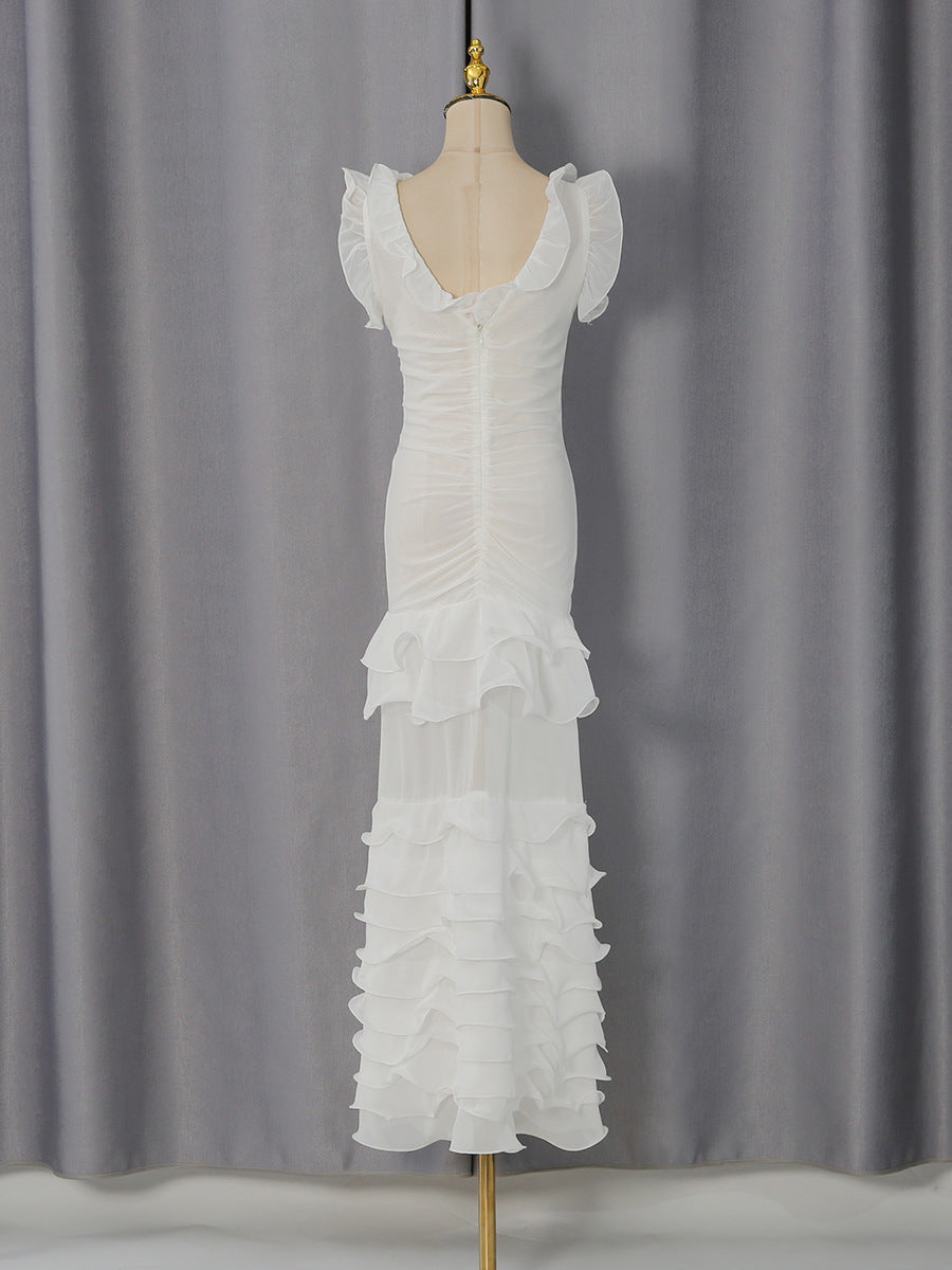 White Ruffle Ruched Maxi Dress