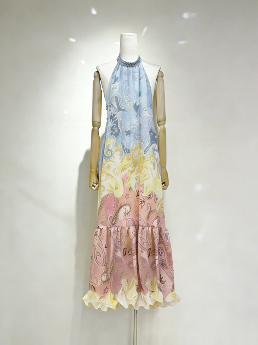 Gradient Paisley Halter Maxi Dress
