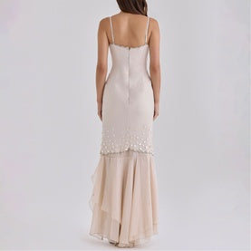 HOUSE OF CB Santana Hand-Beaded Slit Flared Dress - Cream 5