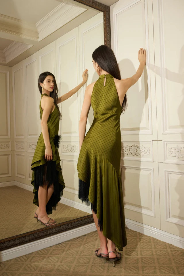 Pinstripe ostrich feather asymmetric dress