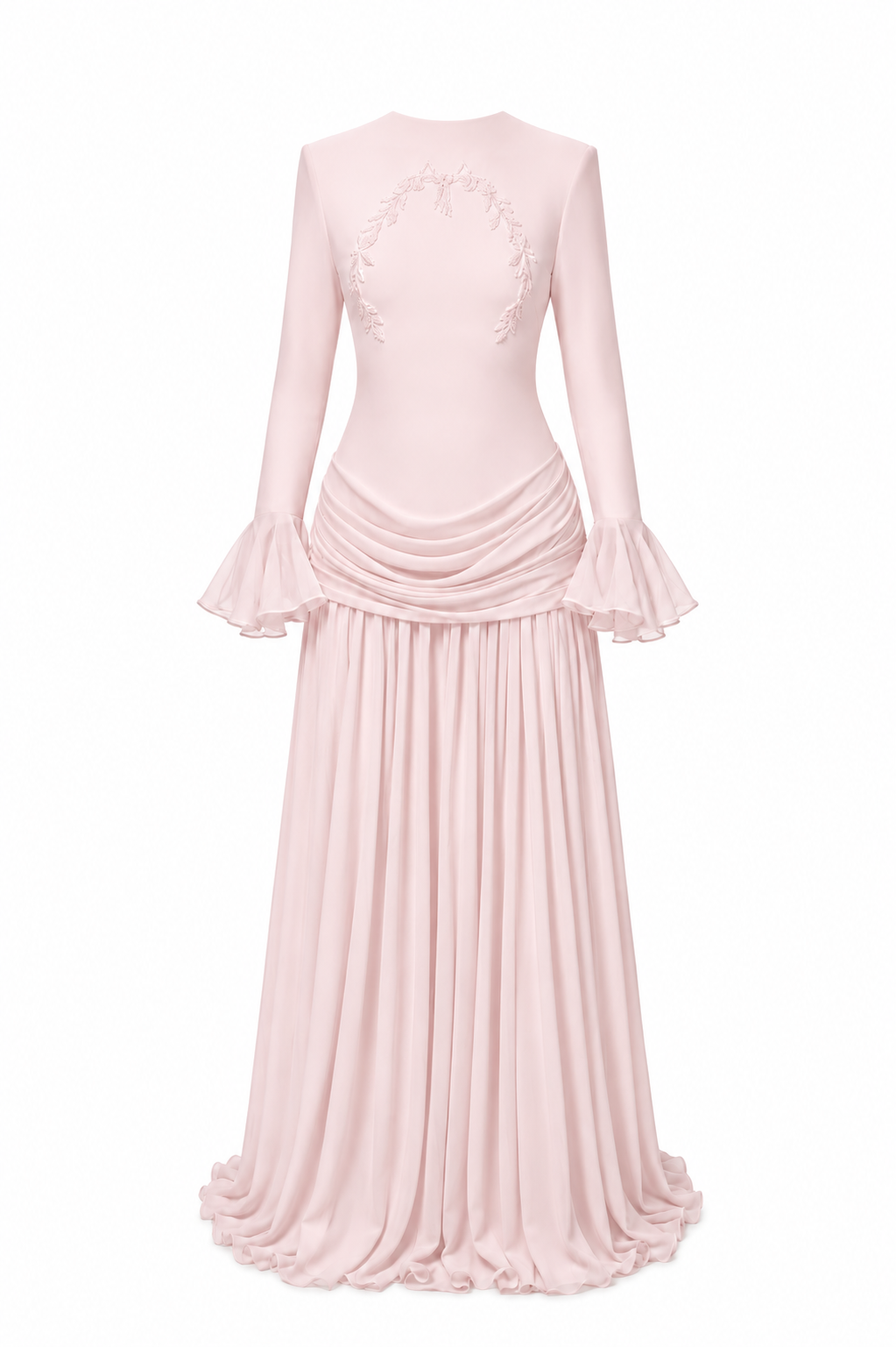 Amara Laurel Motif Draped Waist Maxi Dress-Pink