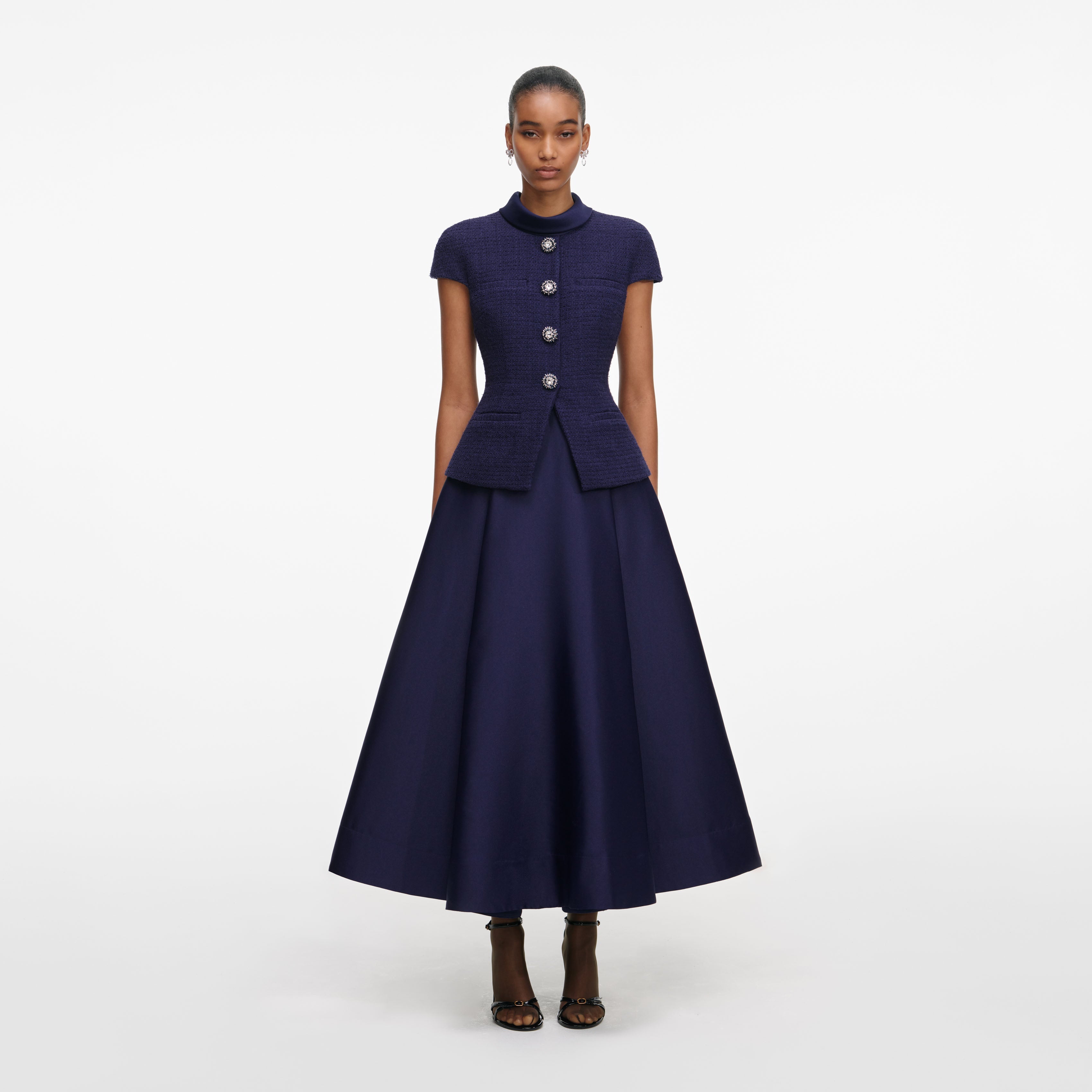 Navy Boucle Taffeta Midi Dress 1