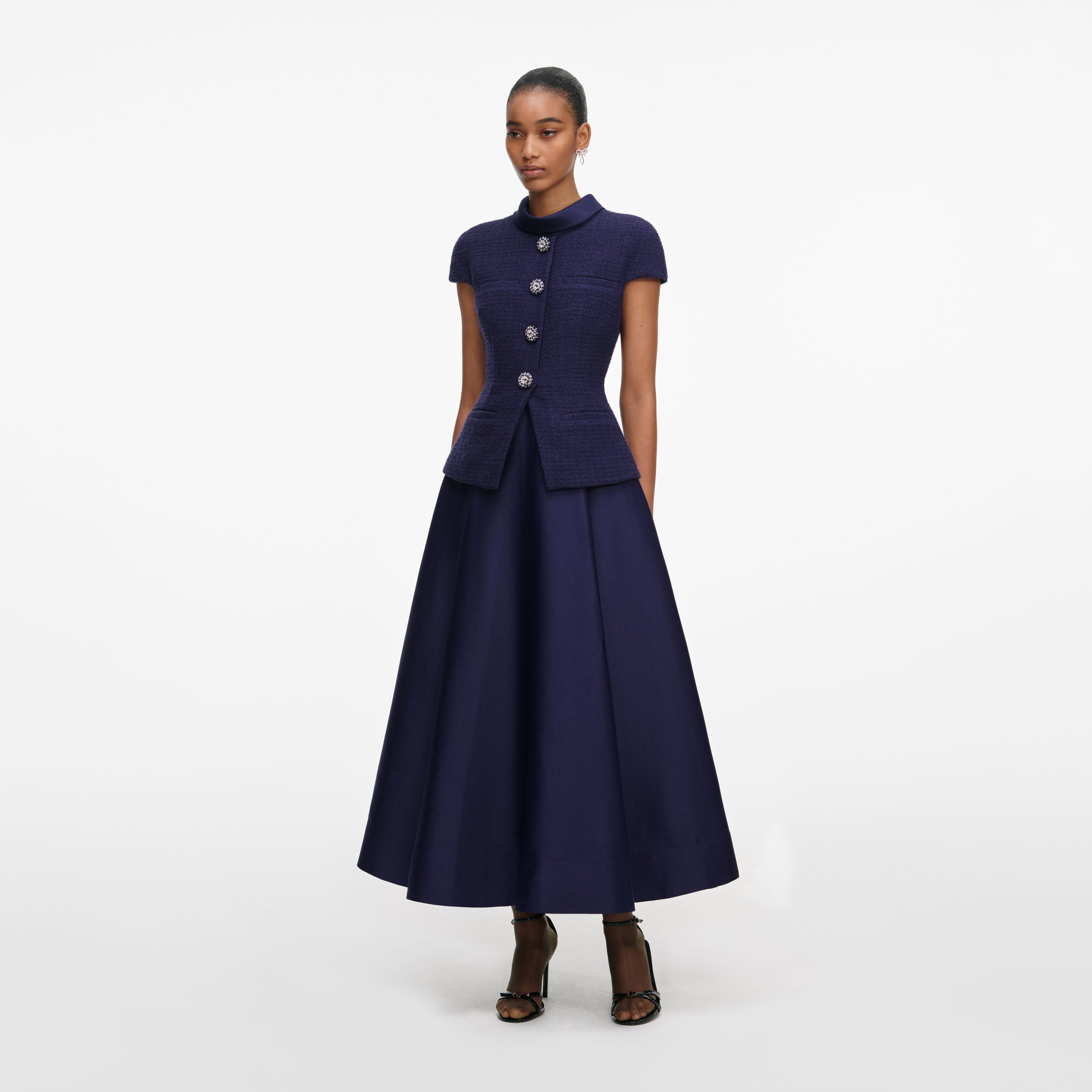 Navy Boucle Taffeta Midi Dress 2