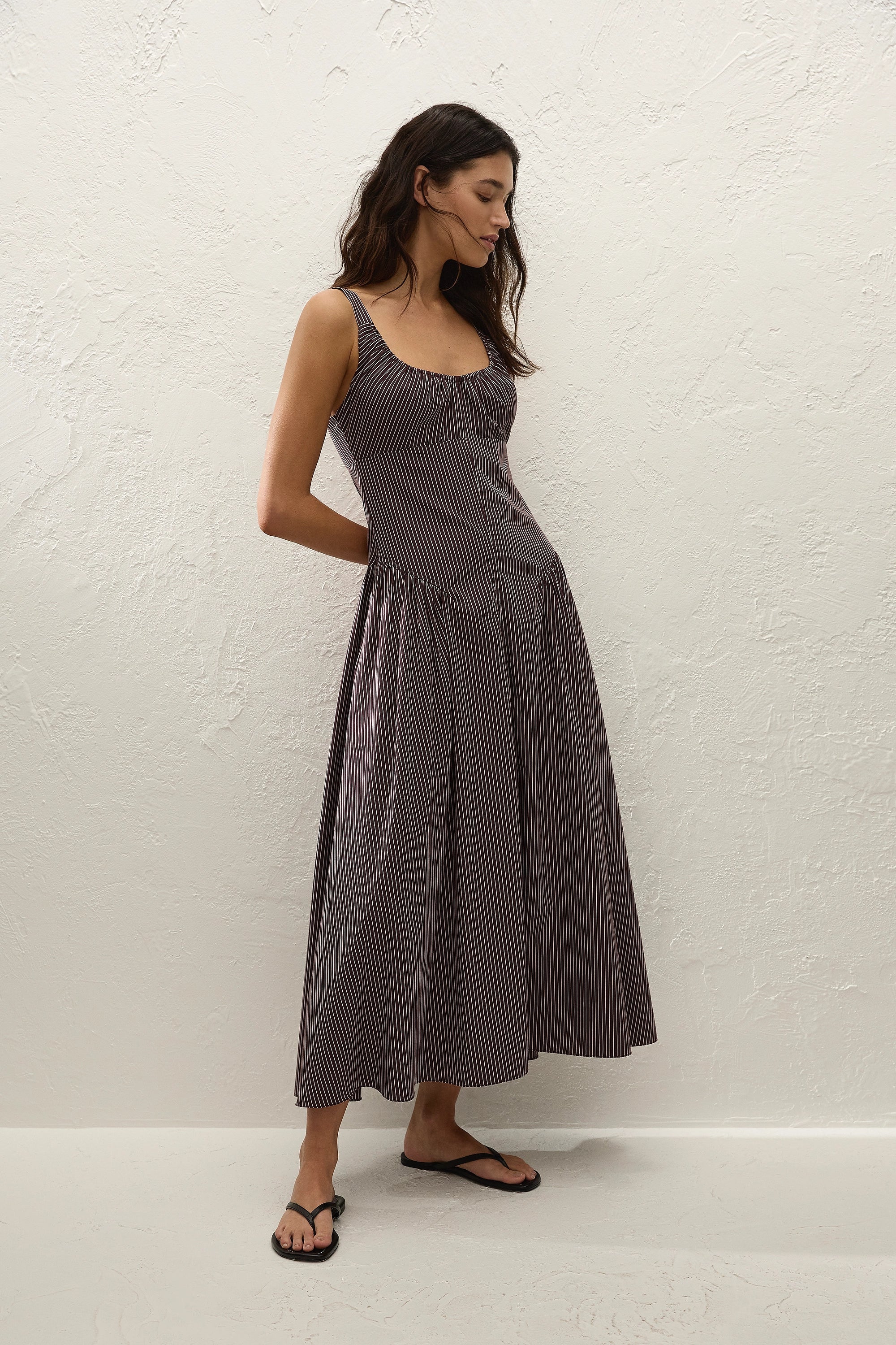 Olas Midi Dress Rocio Pinstripe Chocolate Plum