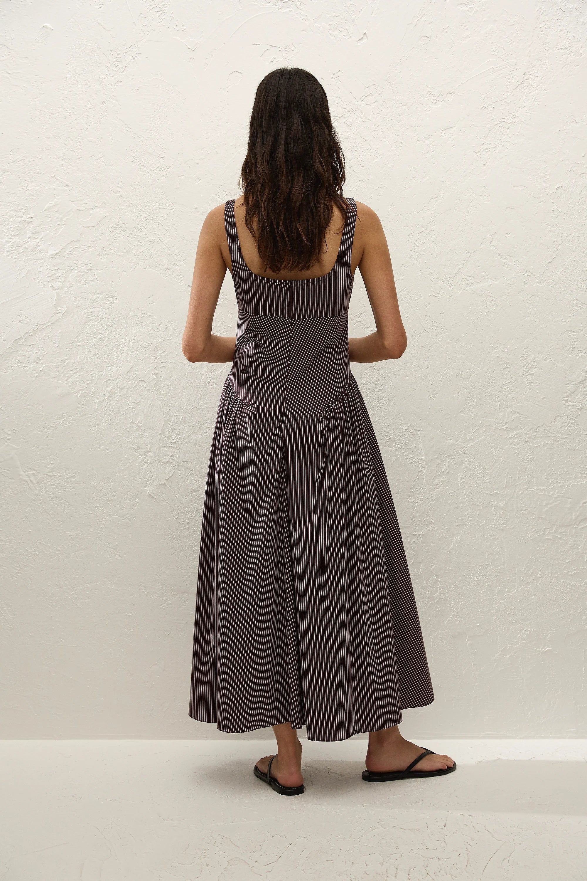 Olas Midi Dress Rocio Pinstripe Chocolate Plum