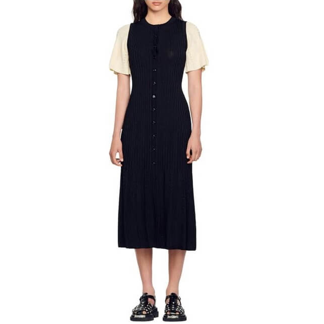 Sandro Mendia Mixed Media Button Front Midi Dress