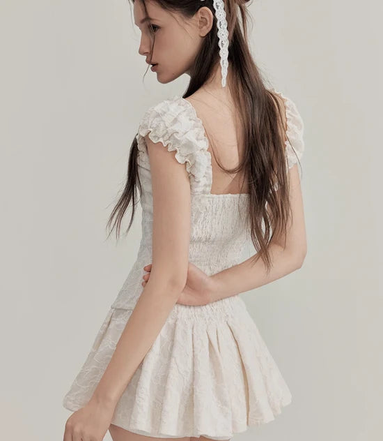 Ruffle Lace Off Shoulder Pleated Mini Dress - Off White / XS