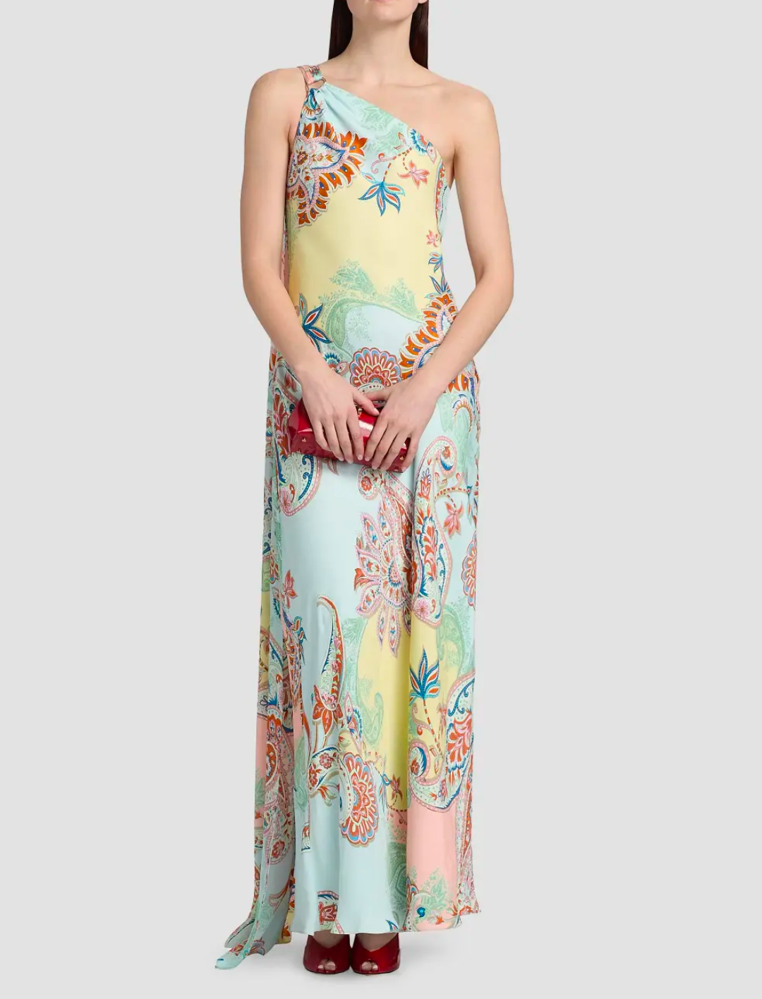 Hemant & Nandita One-Shoulder Sash Paisley Maxi Dress