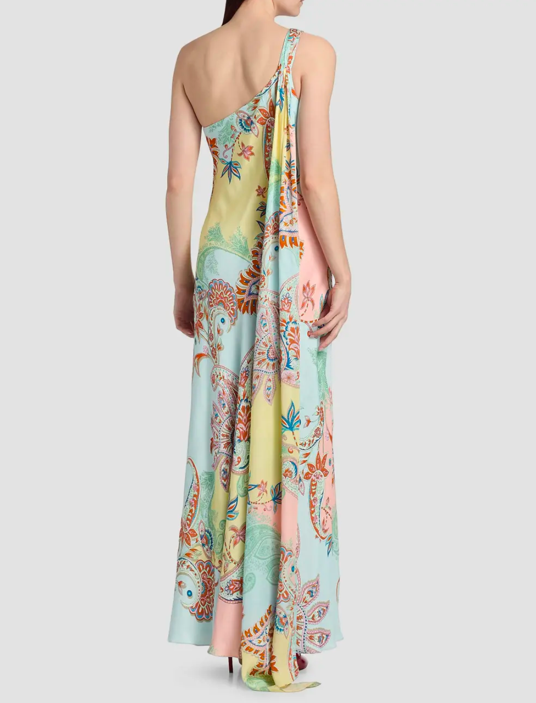Hemant & Nandita One-Shoulder Sash Paisley Maxi Dress