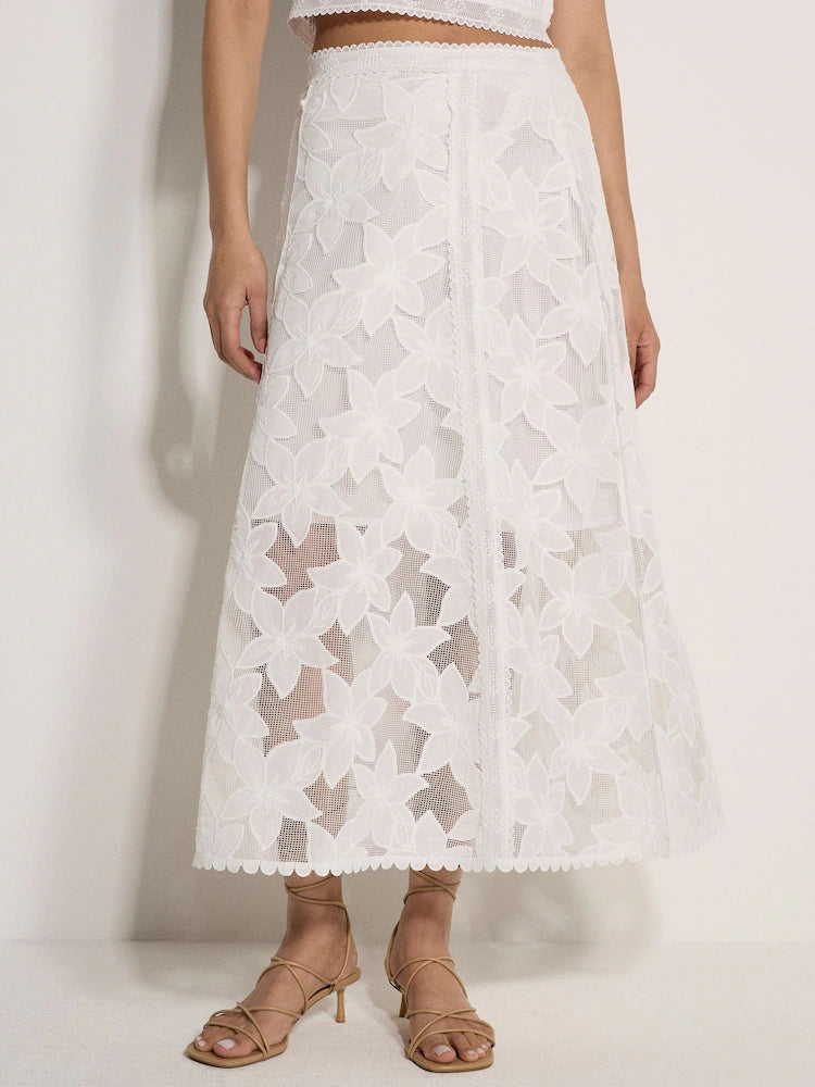 Apricot White Floral Mesh Lace Midi Set