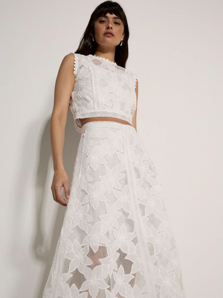 Apricot White Floral Mesh Lace Midi Set