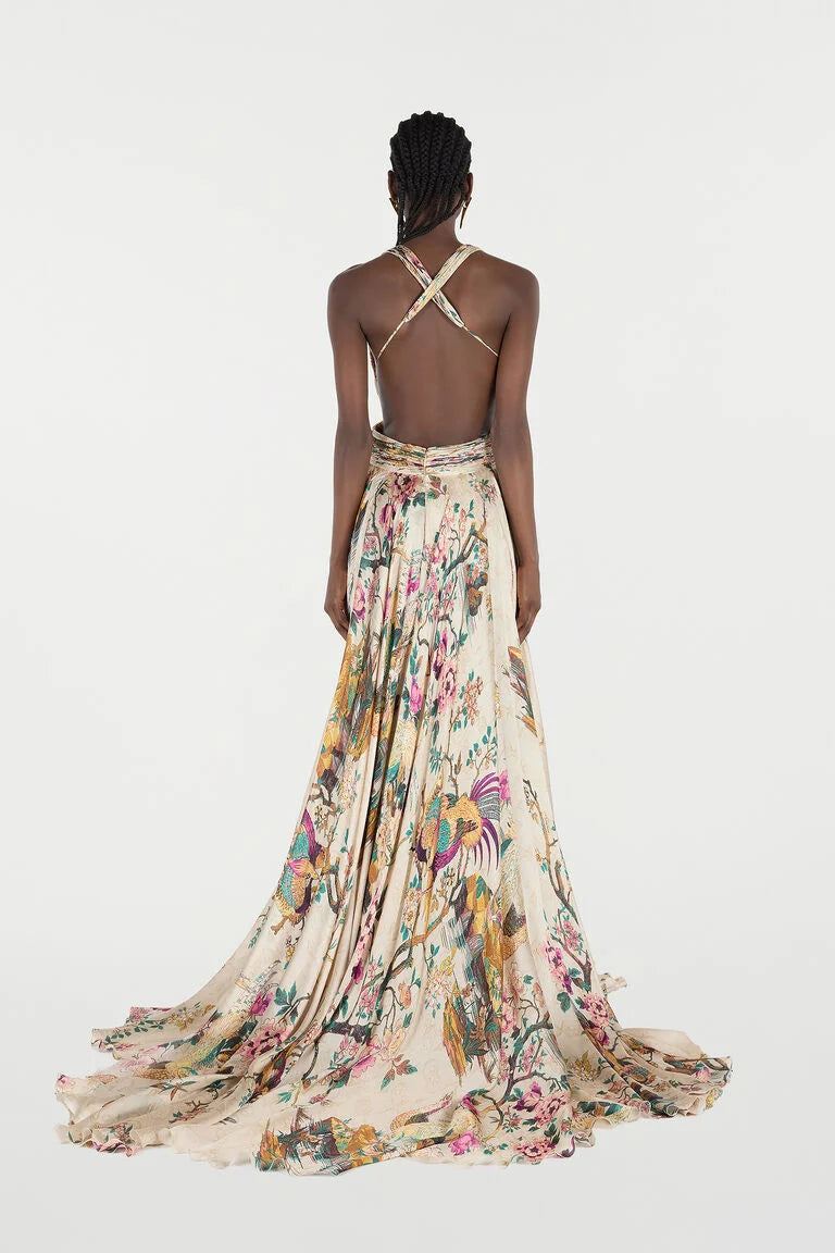 Extralanges Kleid Aus Reiner Seide Mit Oriental Bird Print