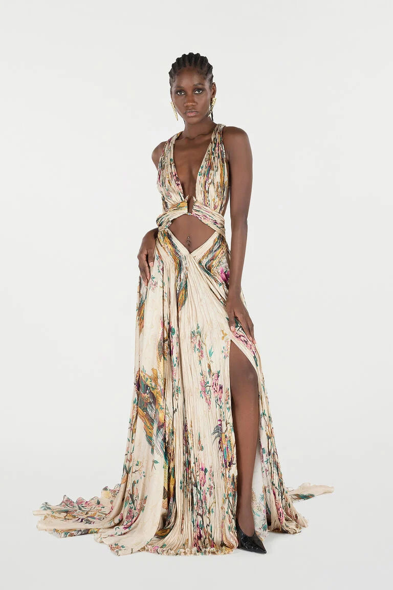Extralanges Kleid Aus Reiner Seide Mit Oriental Bird Print