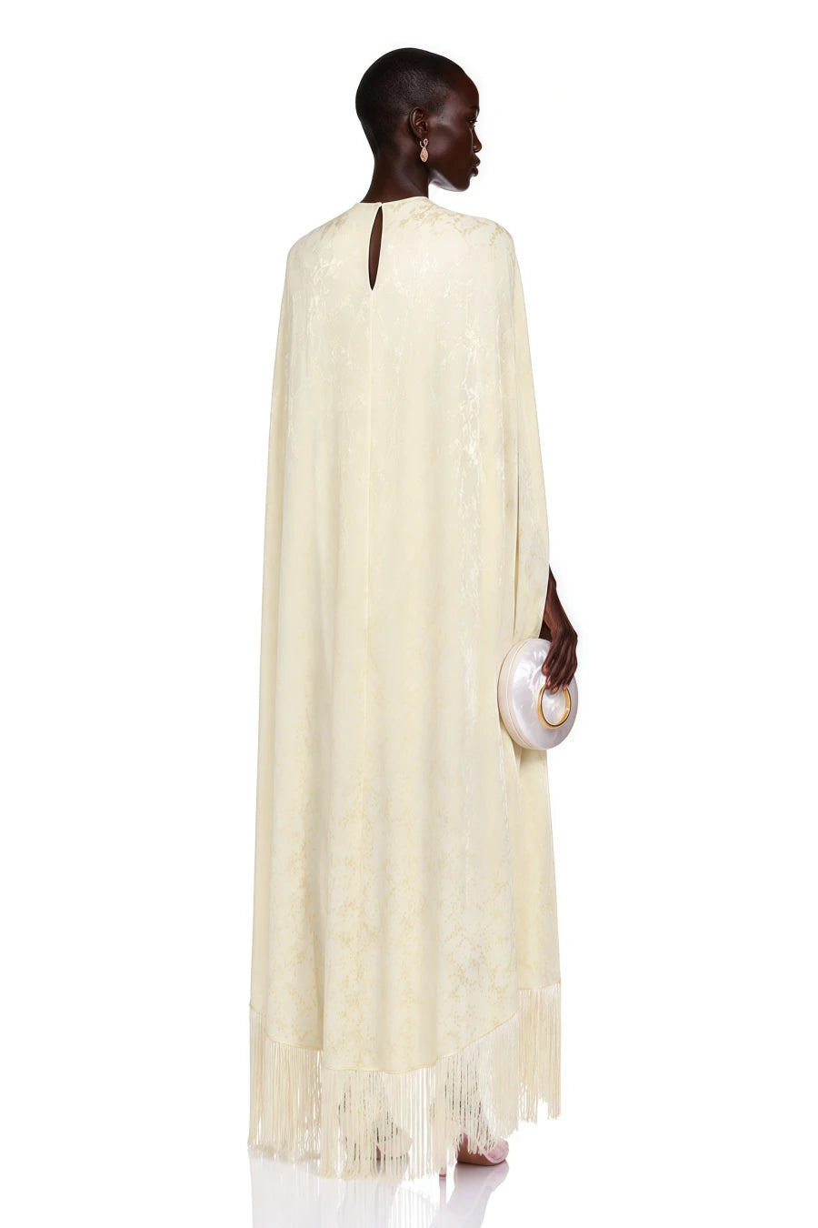 Vestido Maxi Amarillo Pálido Yolanda con Capa y Flecos