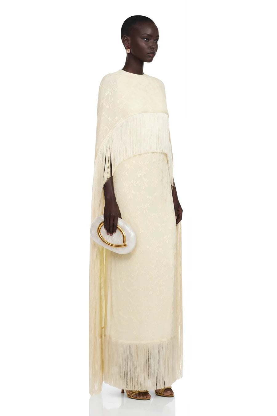 Vestido Maxi Amarillo Pálido Yolanda con Capa y Flecos