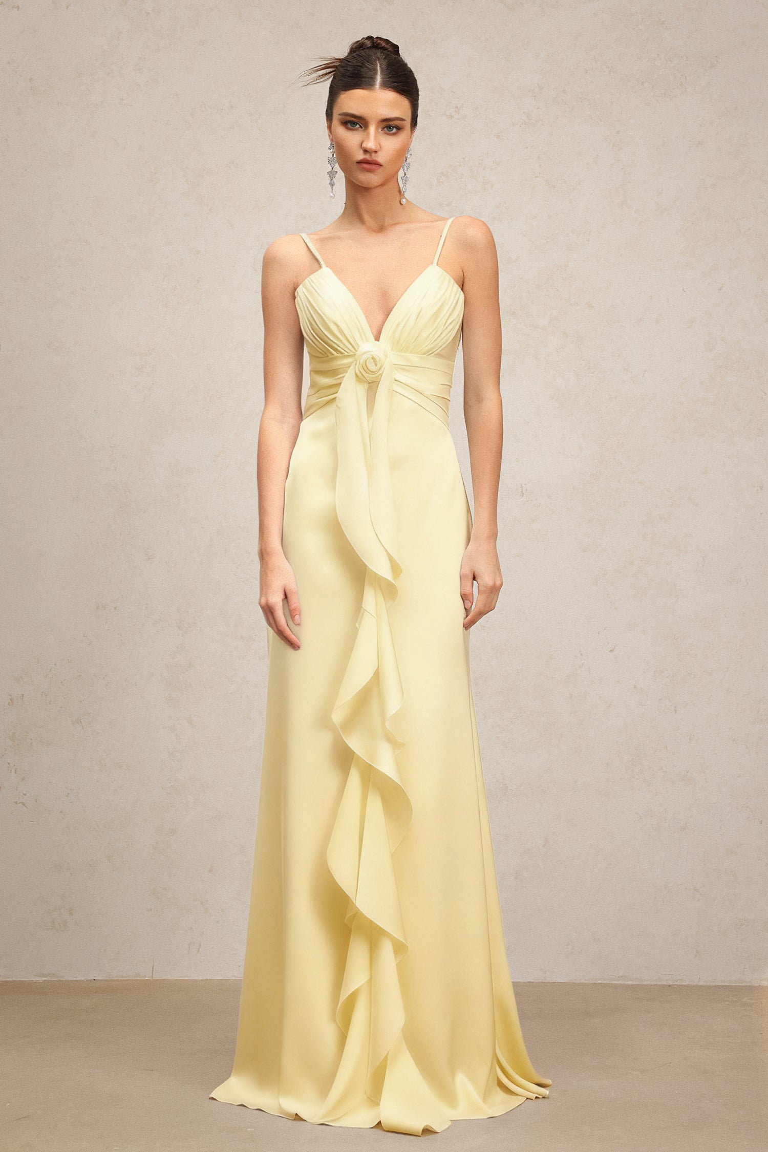 Yvonne Sleeveless V-Neck Flowers Flounce Yellow Maxi Dress