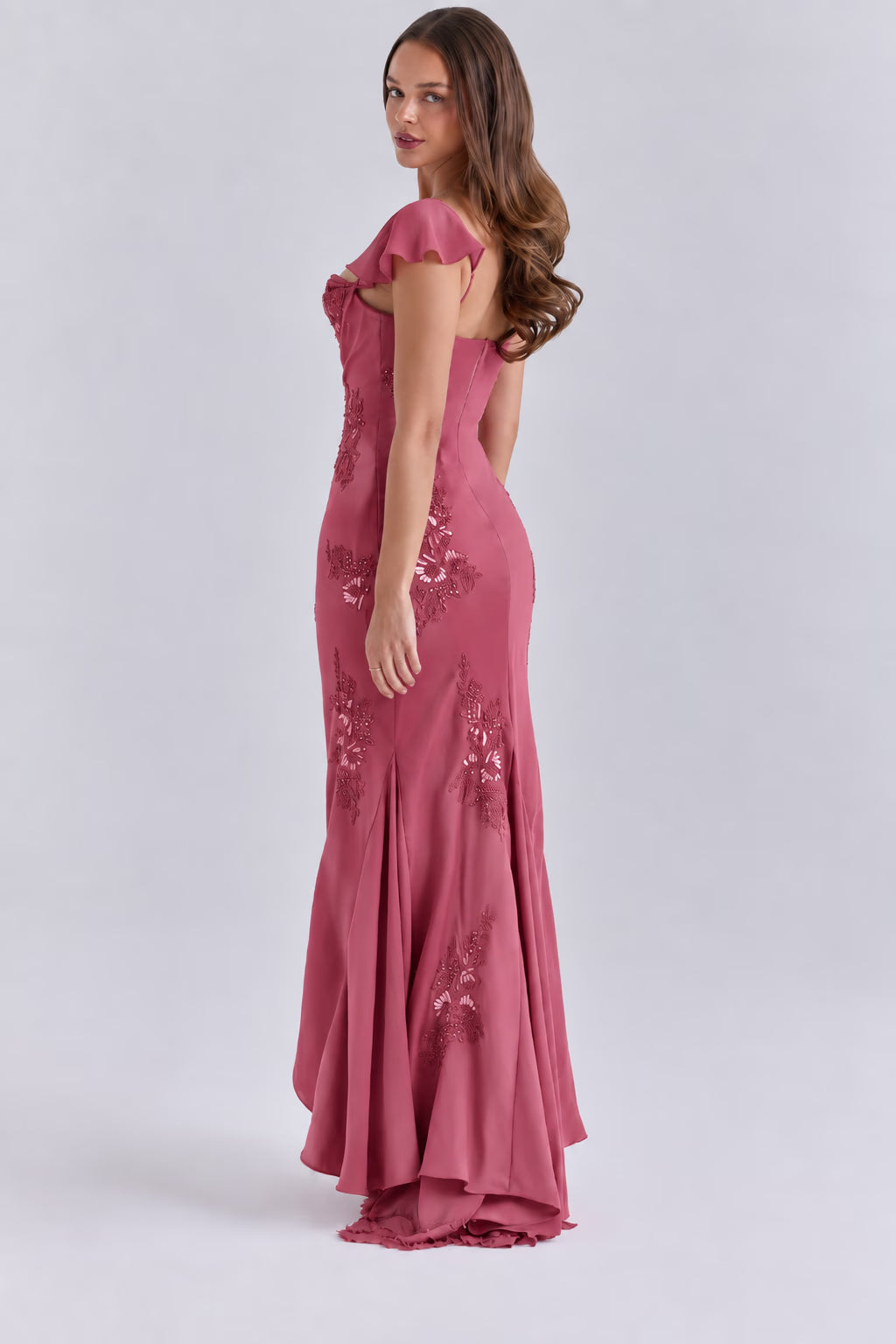 Arabella Rose Pink Satin Embellished Maxi Gown - Limited Edition