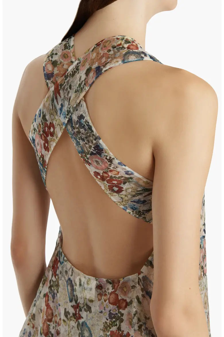 Amello Floral Drop Waist Silk Organza Pinafore Dress