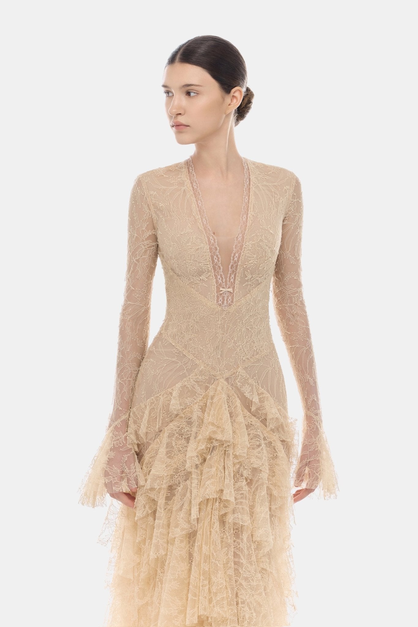 Beige Lace Cascade Dress