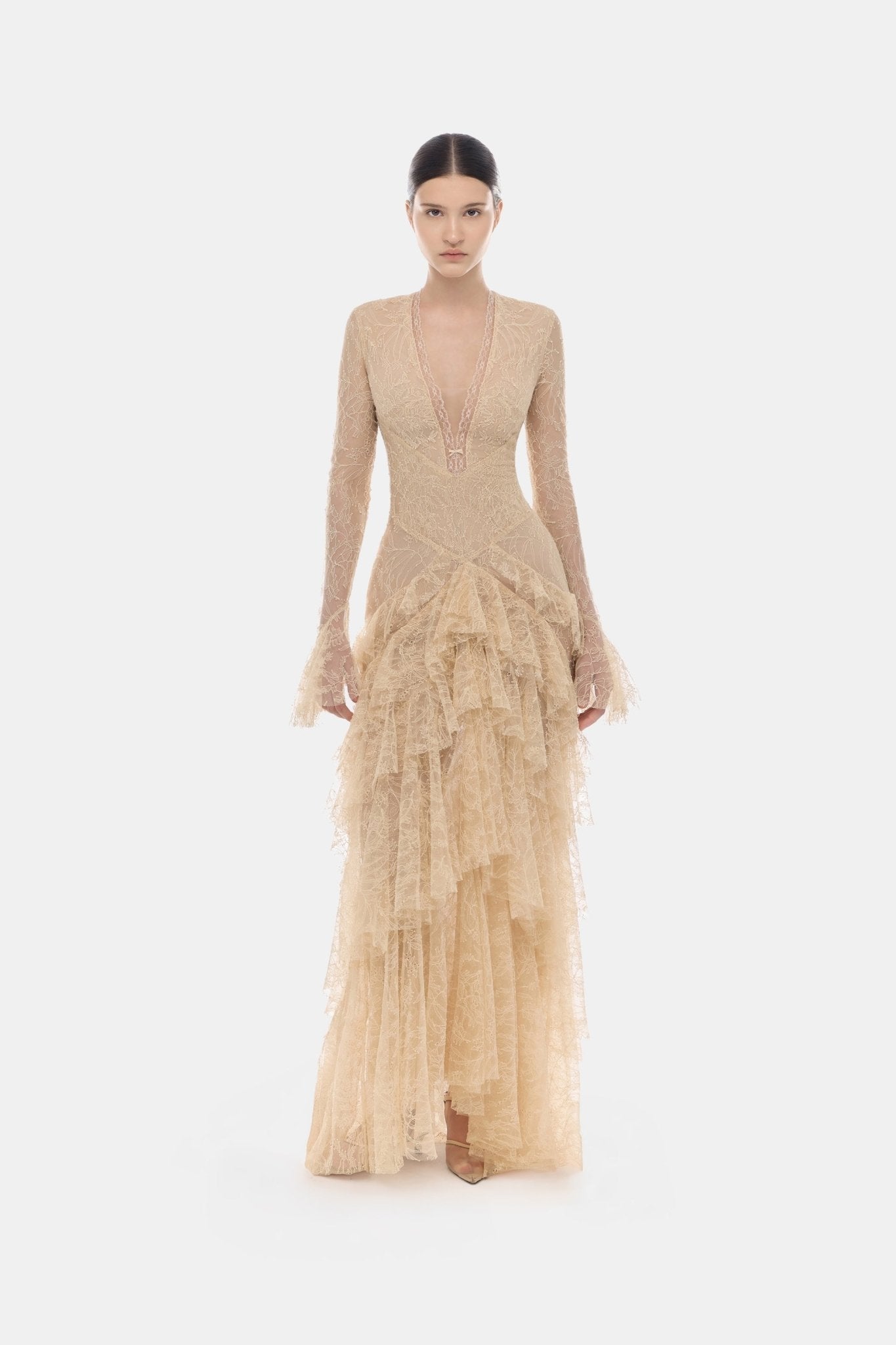 Beige Lace Cascade Dress