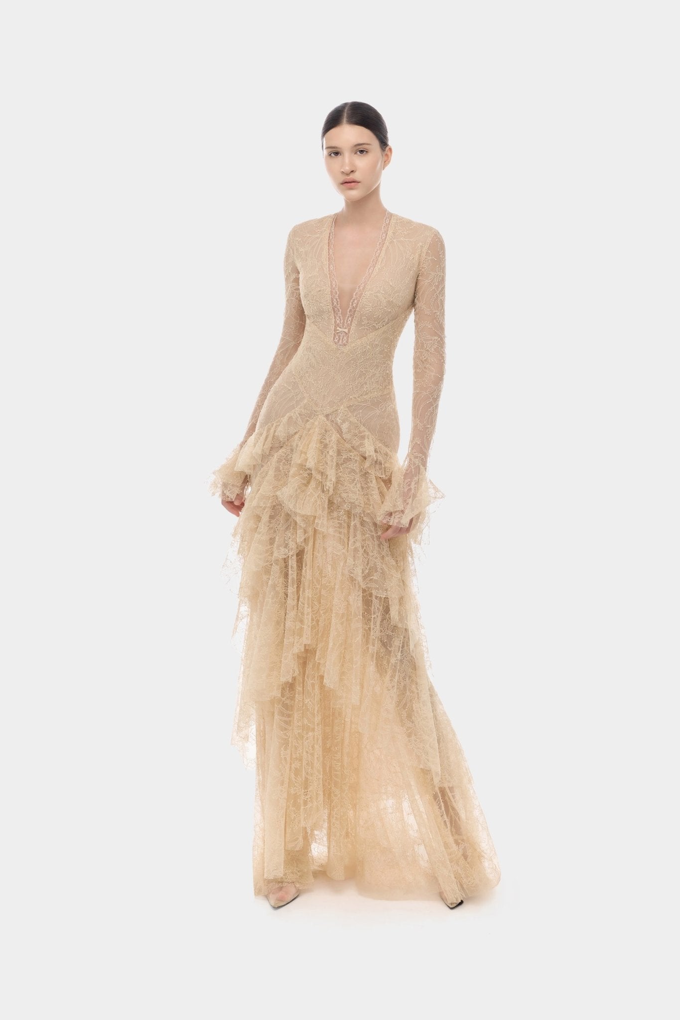 Beige Lace Cascade Dress