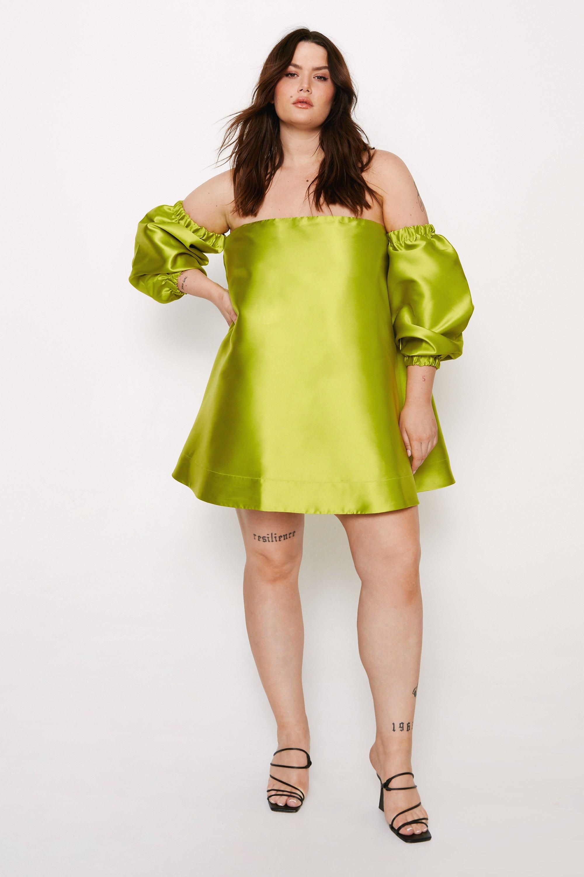 Plus Size Structured Bardot Puff Sleeve Mini Dress