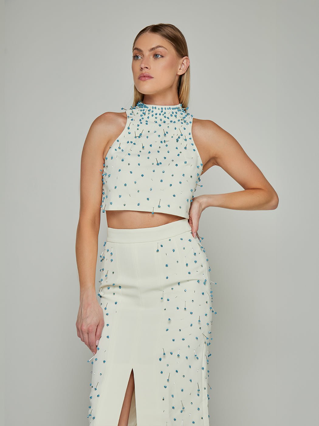 Cilla Pin Embellished Crop Top & Midi Skirt Set