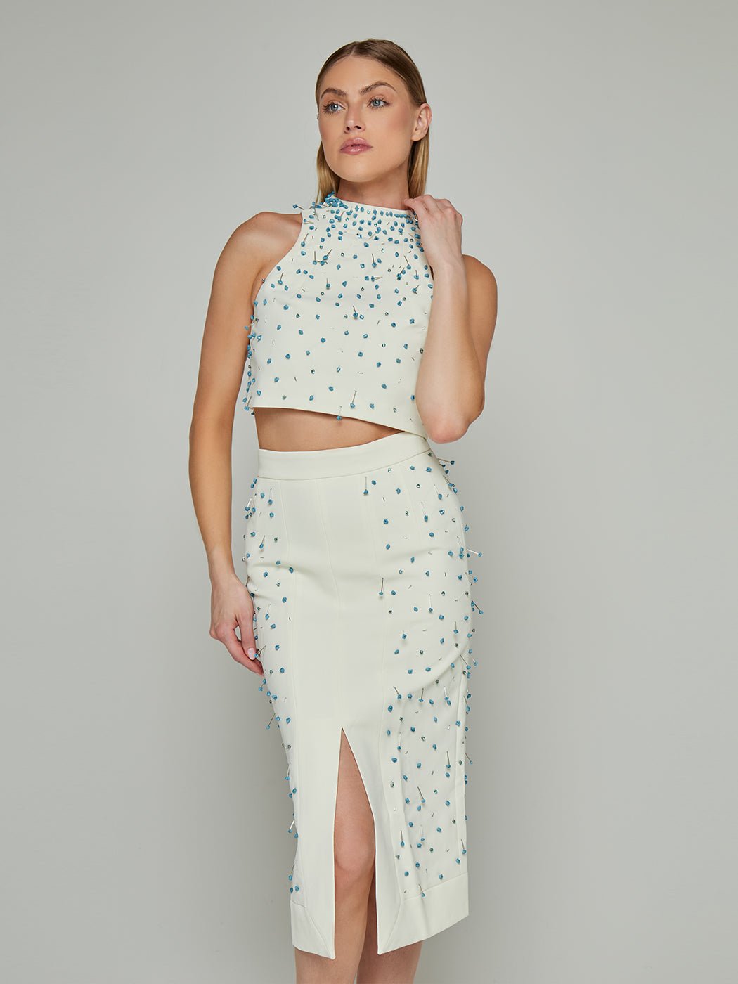 Cilla Pin Embellished Crop Top & Midi Skirt Set
