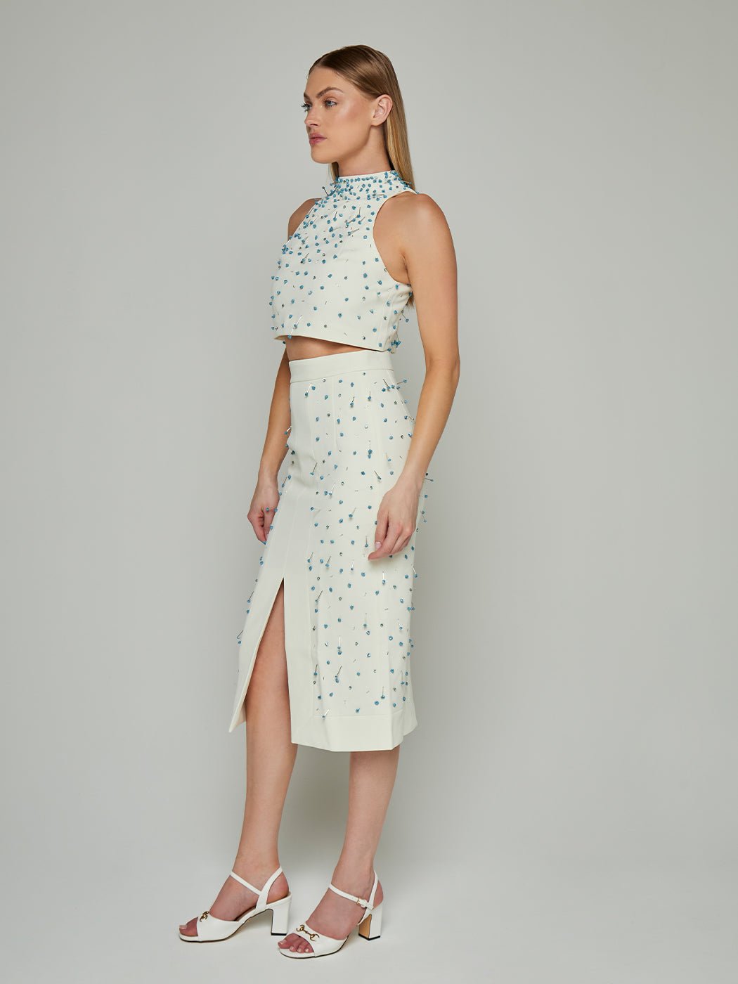 Cilla Pin Embellished Crop Top & Midi Skirt Set