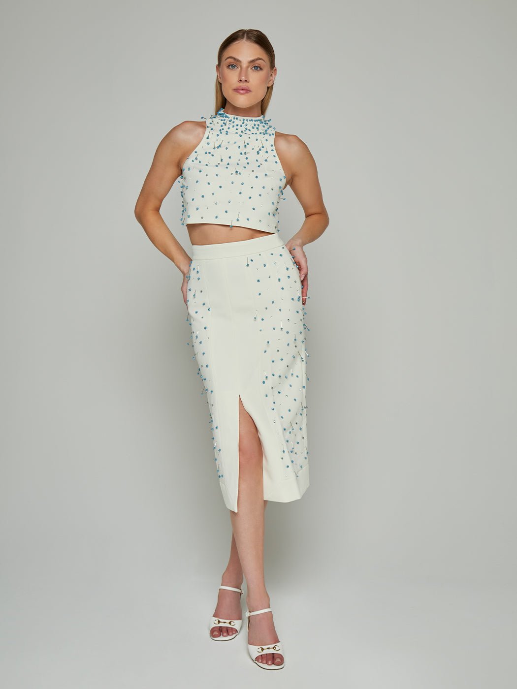 Cilla Pin Embellished Crop Top & Midi Skirt Set