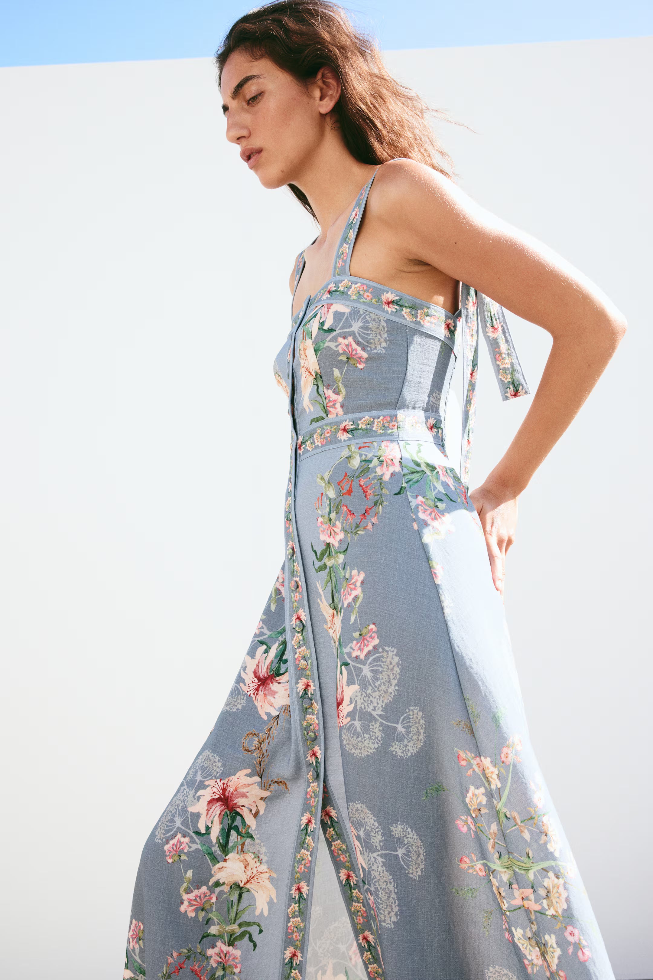 Women's Dusty blue/Floral Tie-strap viscose-blend dress