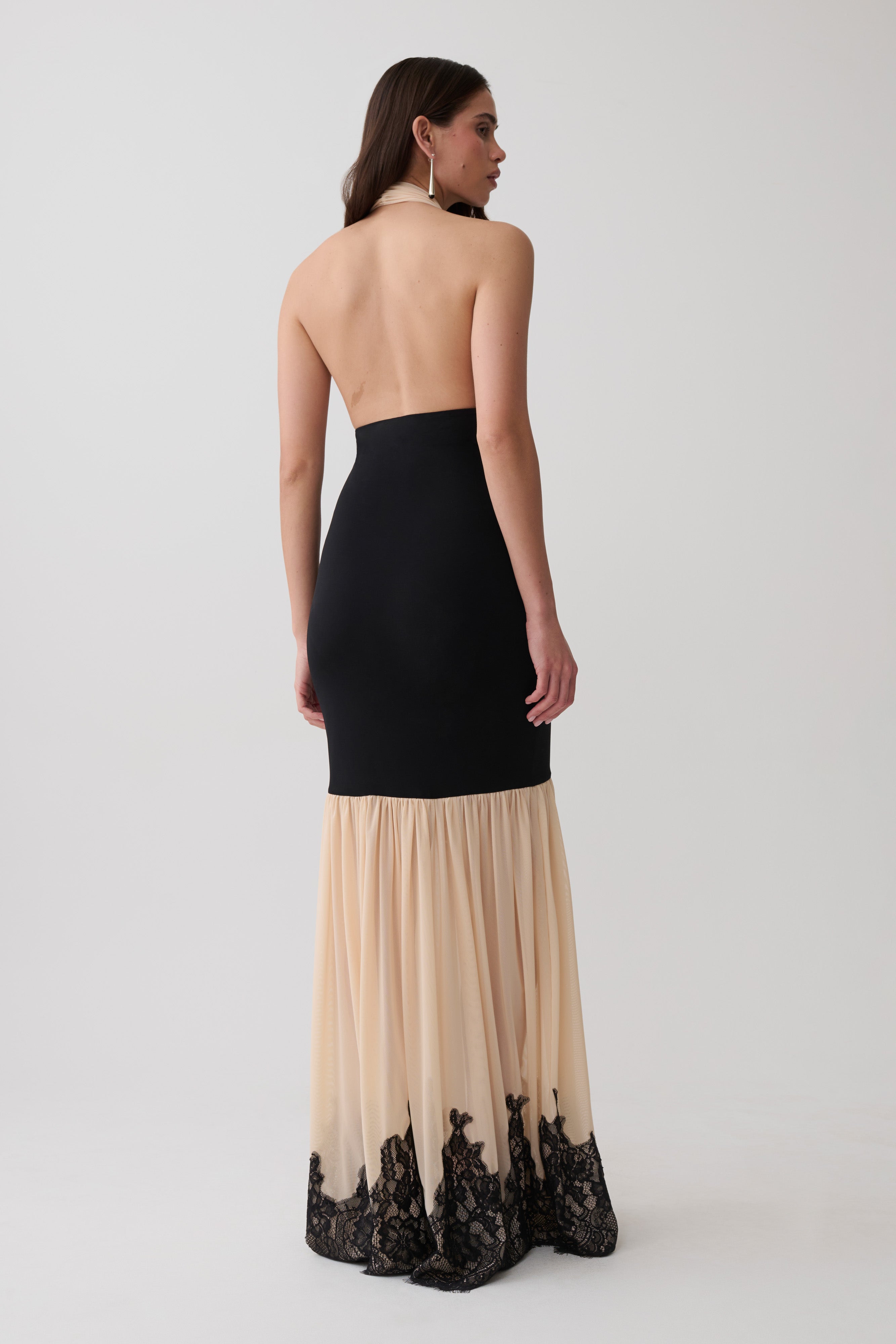 Leeana Jersey And Lace Halter Maxi Dress - Black/Nude