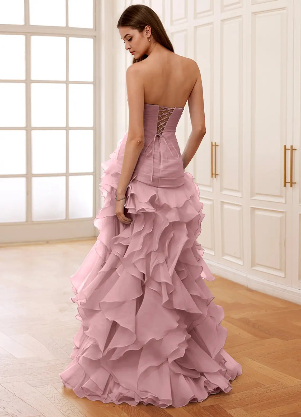 CHRISTABELLE DUSTY PINK SWEETHEART RUFFLED CHIFFON DRESS - Prom And Homecoming Dresses