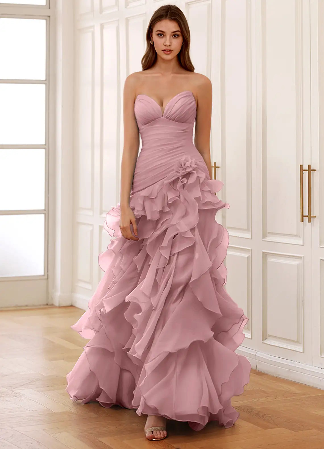 CHRISTABELLE DUSTY PINK SWEETHEART RUFFLED CHIFFON DRESS - Prom And Homecoming Dresses