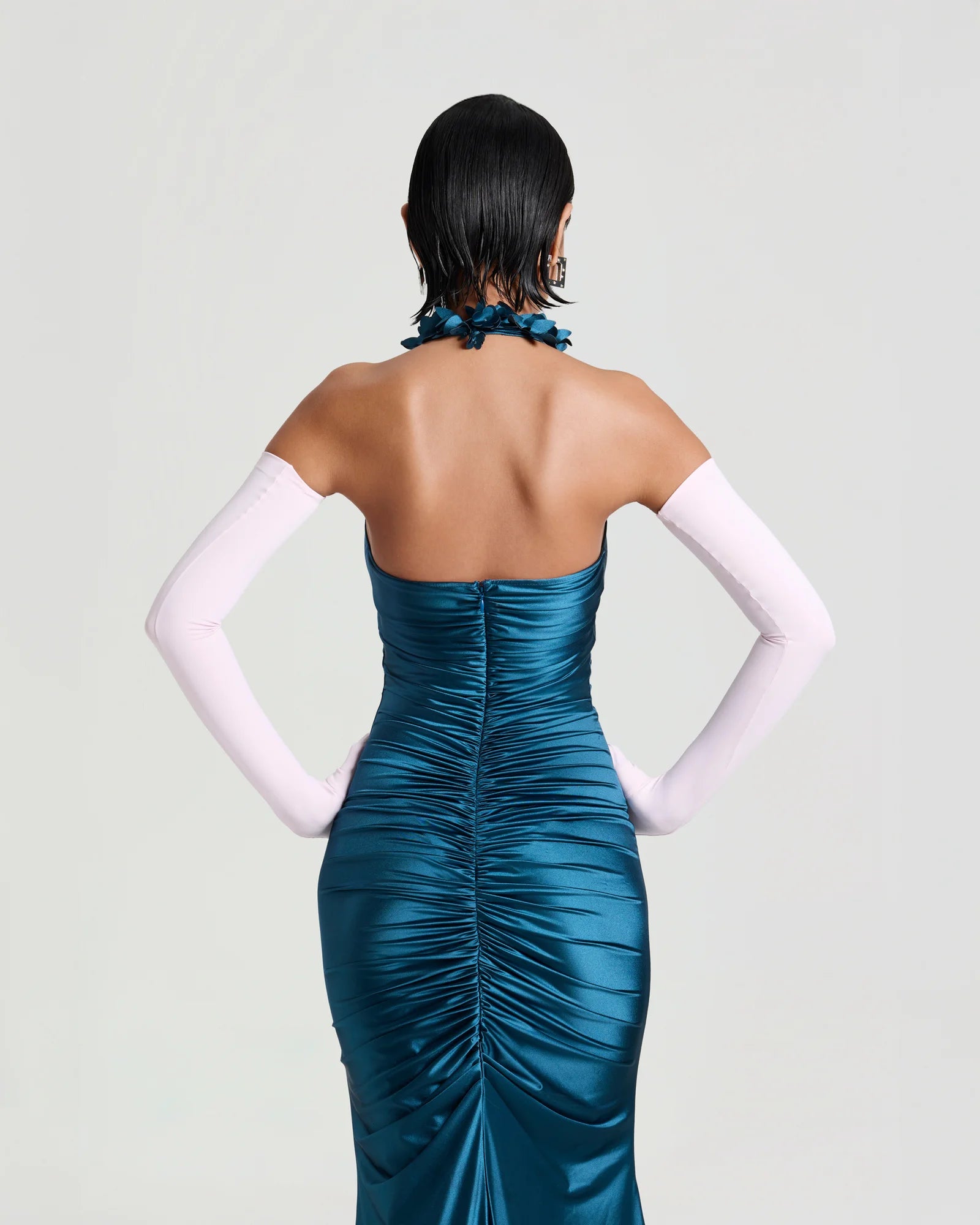 Gianni Floral Halter Ruched Dress