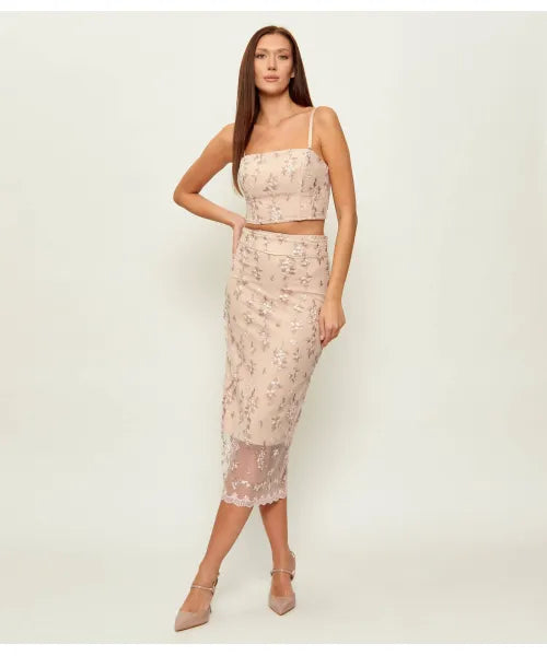 Nude Floral Embroidery 2 Piece Set Spaghetti Strap Crop Top & Sheer Mesh Midi Skirt