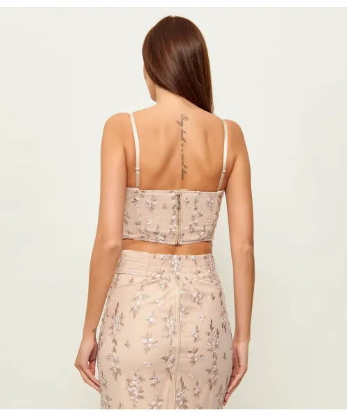Nude Floral Embroidery 2 Piece Set Spaghetti Strap Crop Top & Sheer Mesh Midi Skirt
